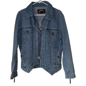 Vintage Harley Davidson Light Wash Back Patch Logo Denim Jean Jacket Women's Med